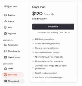 Midjourney pricing plans 2026 — Mega tier.