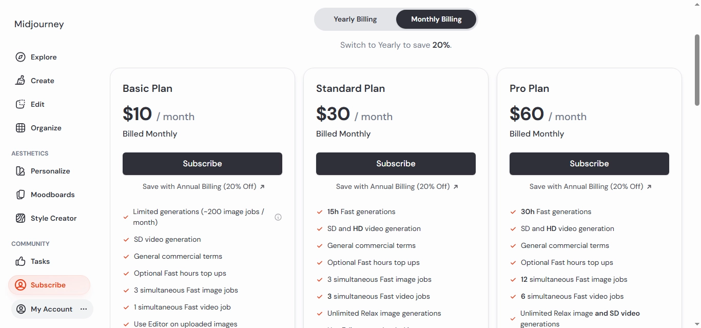 Midjourney pricing plans 2026 — Basic, Standard, and Pro tiers