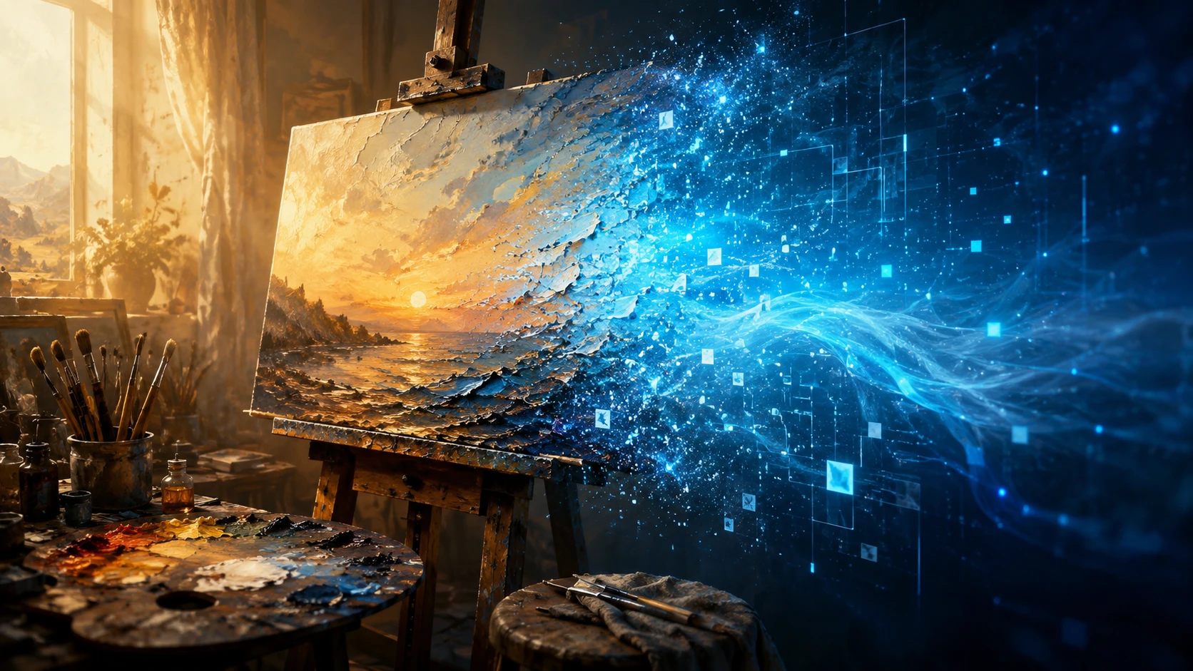 Midjourney review 2026 — AI art generator hero illustration blending traditional and digital art