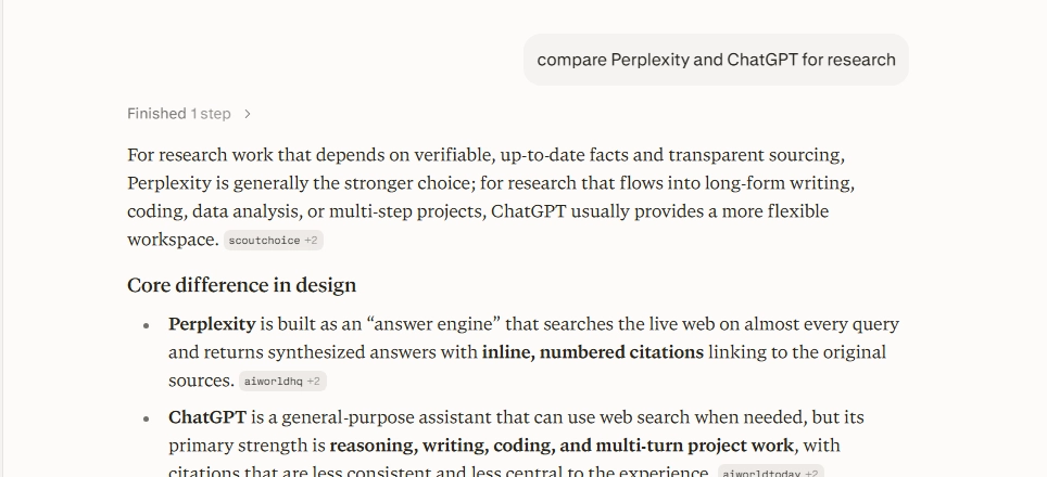 Perplexity AI search result showing a direct answer with clickable source citations