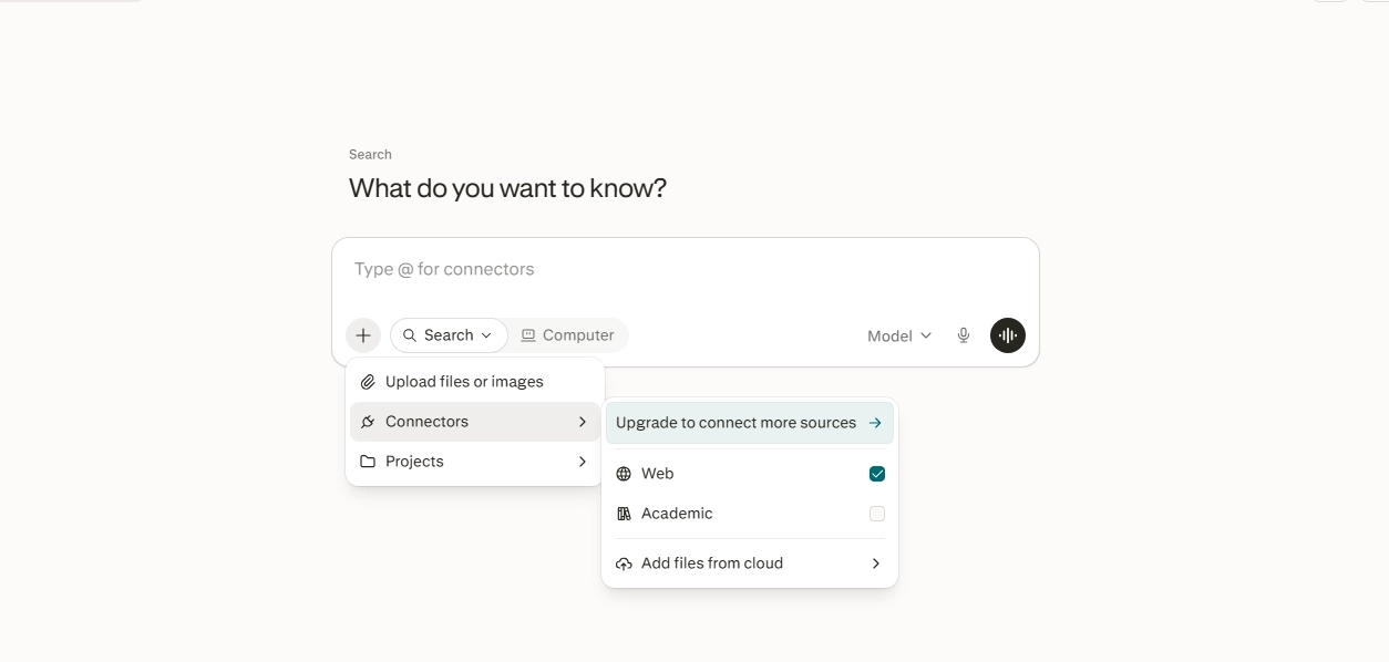 source filter menu with academic and web search options