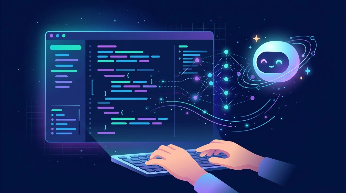 Illustration representing the best AI coding tools in 2026 assisting a developer
