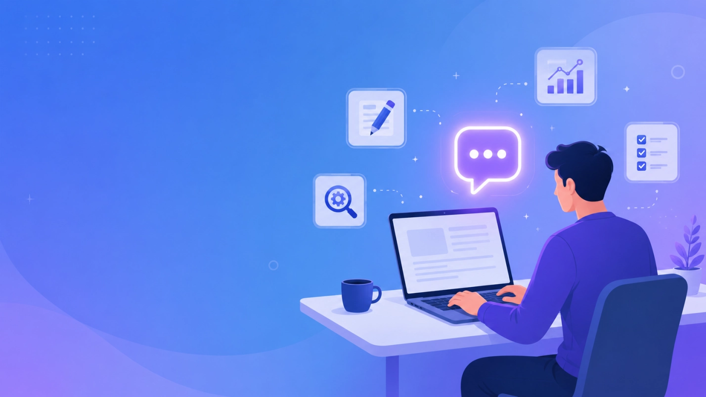 Illustration representing the best ChatGPT prompts for 2026, showing a person using AI chat on a laptop