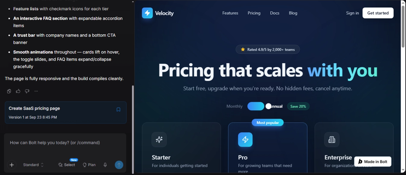 Bolt.new generating a SaaS pricing page from a prompt, showing the chat response and live preview side by side