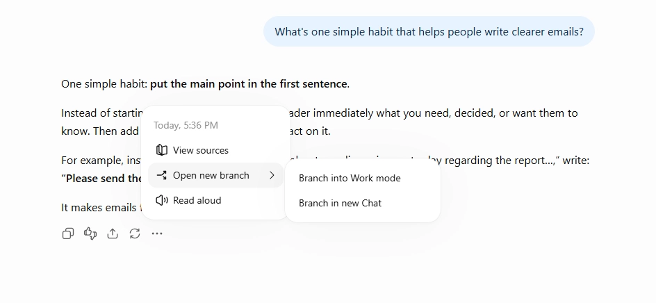 ChatGPT branch menu showing options to branch into Work mode or start a new Chat