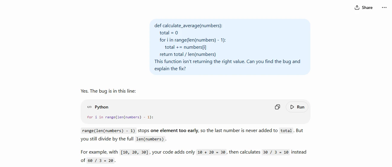 Screenshot of ChatGPT debugging a code snippet and explaining the fix