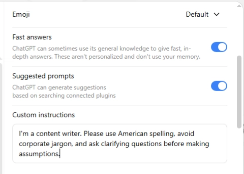 ChatGPT custom instructions field under Personalization settings with saved preferences
