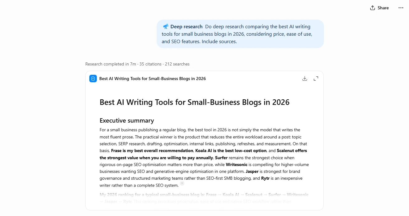Screenshot of a ChatGPT Deep Research report on best AI writing tools, showing 35 citations and 212 searches