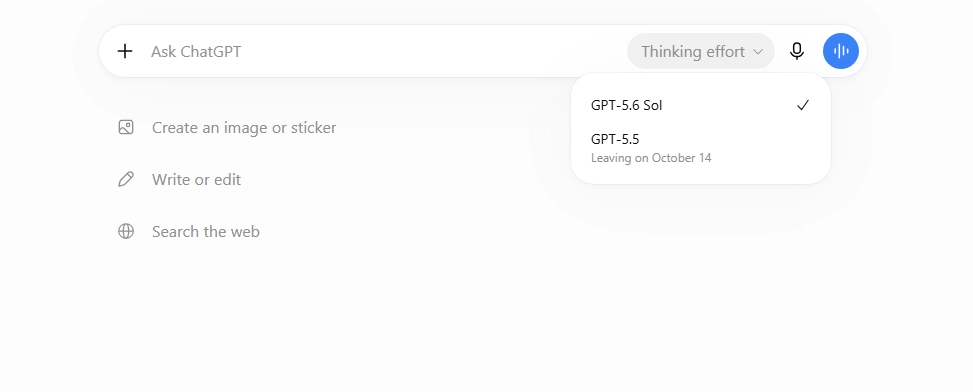 ChatGPT model dropdown on a Plus account with GPT-5.6 Sol selected