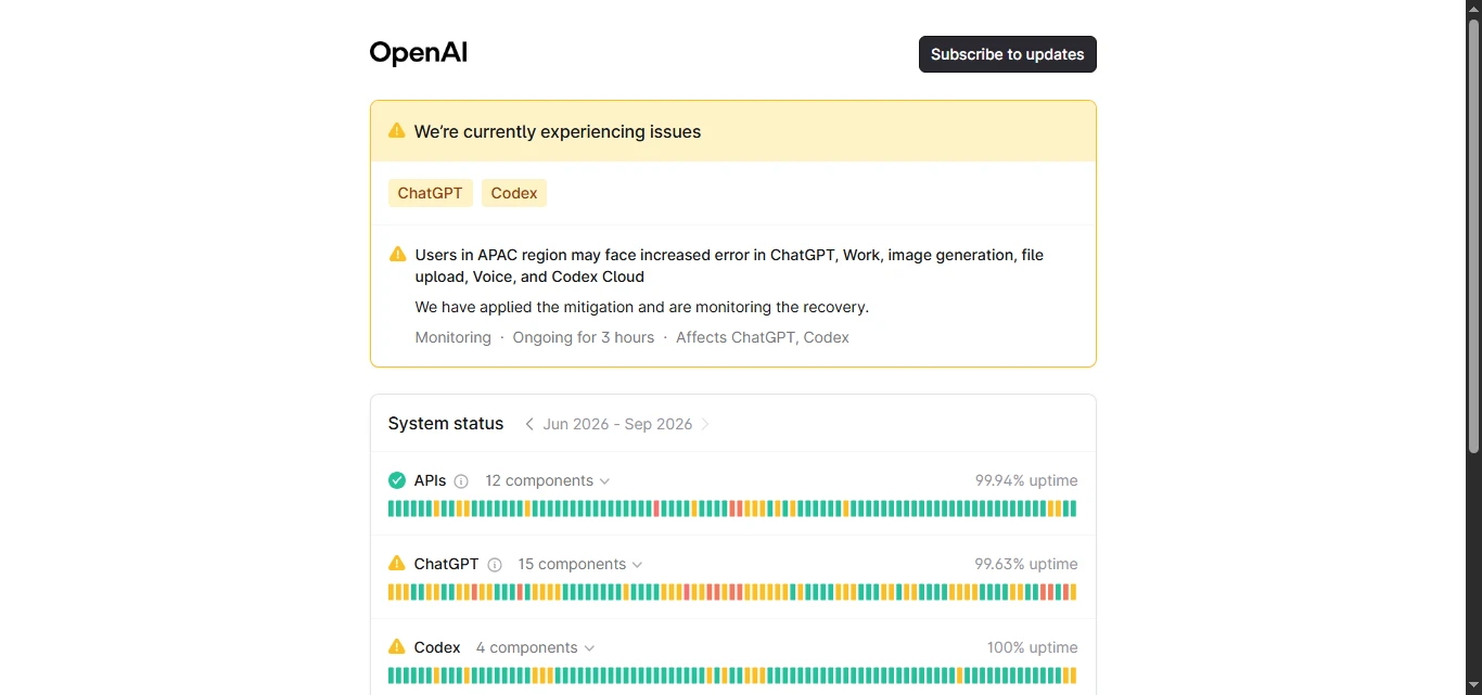 Screenshot of ChatGPT network server error