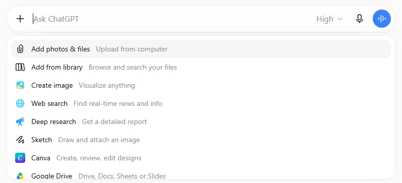 ChatGPT plus icon menu showing file uploads, web search, deep research, Canva, and Google Drive options