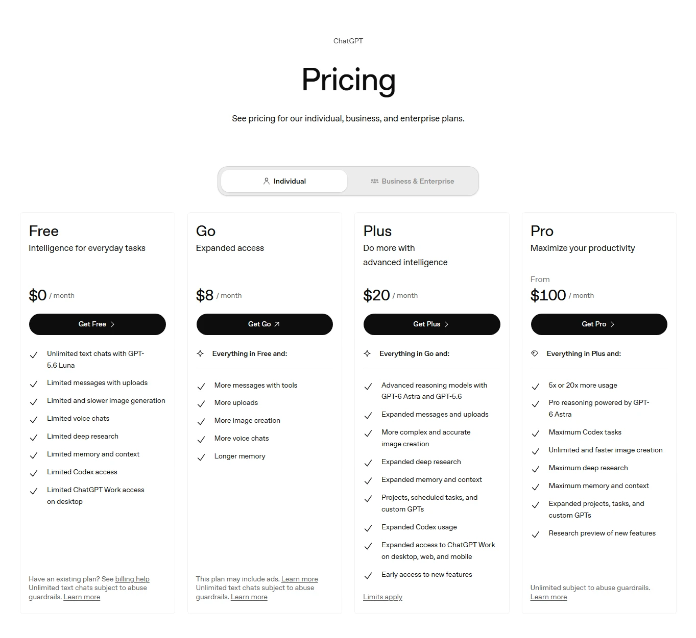 ChatGPT pricing page showing Free, Go, Plus, and Pro plan tiers