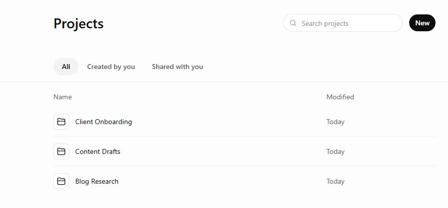 ChatGPT Projects page listing separate workspaces for organizing chats and files