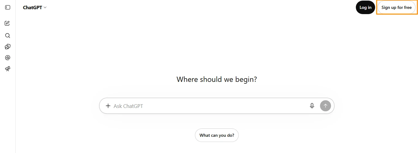 ChatGPT sign-up page with the "Sign up for free" button highlighted in the top-right corner