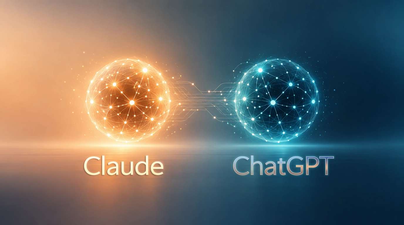 ChatGPT vs Claude 2026 comparison illustration of two AI networks