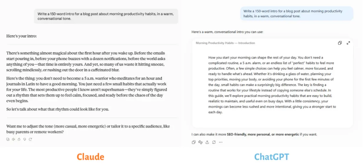 Side-by-side screenshot comparing ChatGPT and Claude writing output for the same prompt