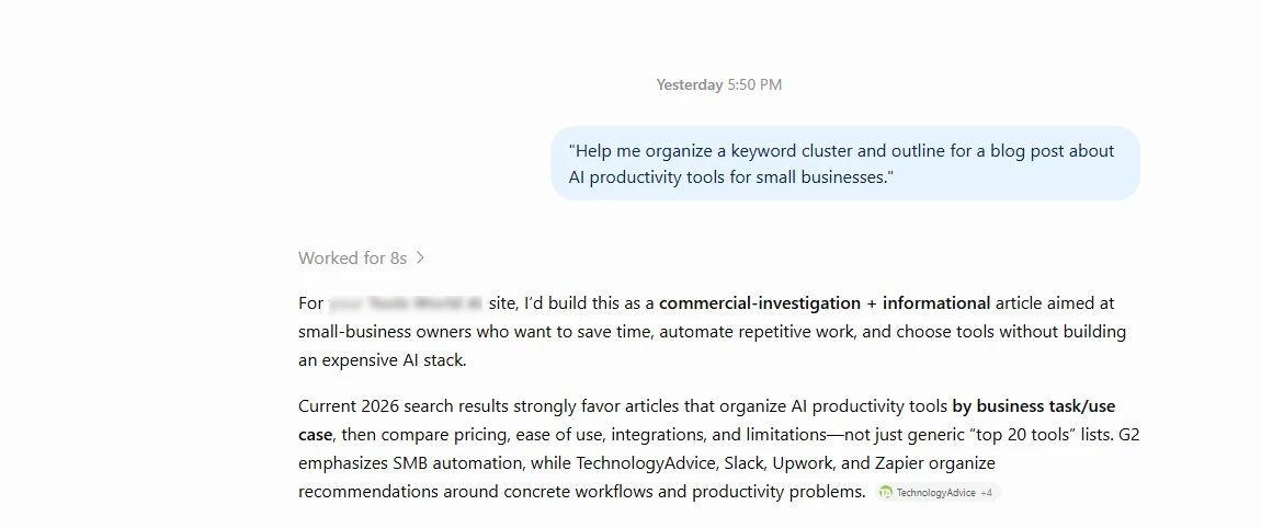Screenshot of ChatGPT helping organize a blog outline and keyword cluster