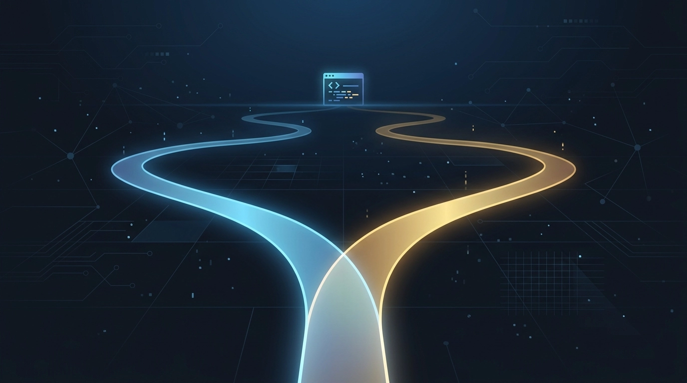 Illustration of a developer choosing between different AI coding tool paths