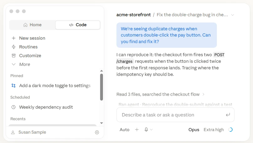 Claude Code desktop app diagnosing a duplicate-charge bug by tracing the checkout flow