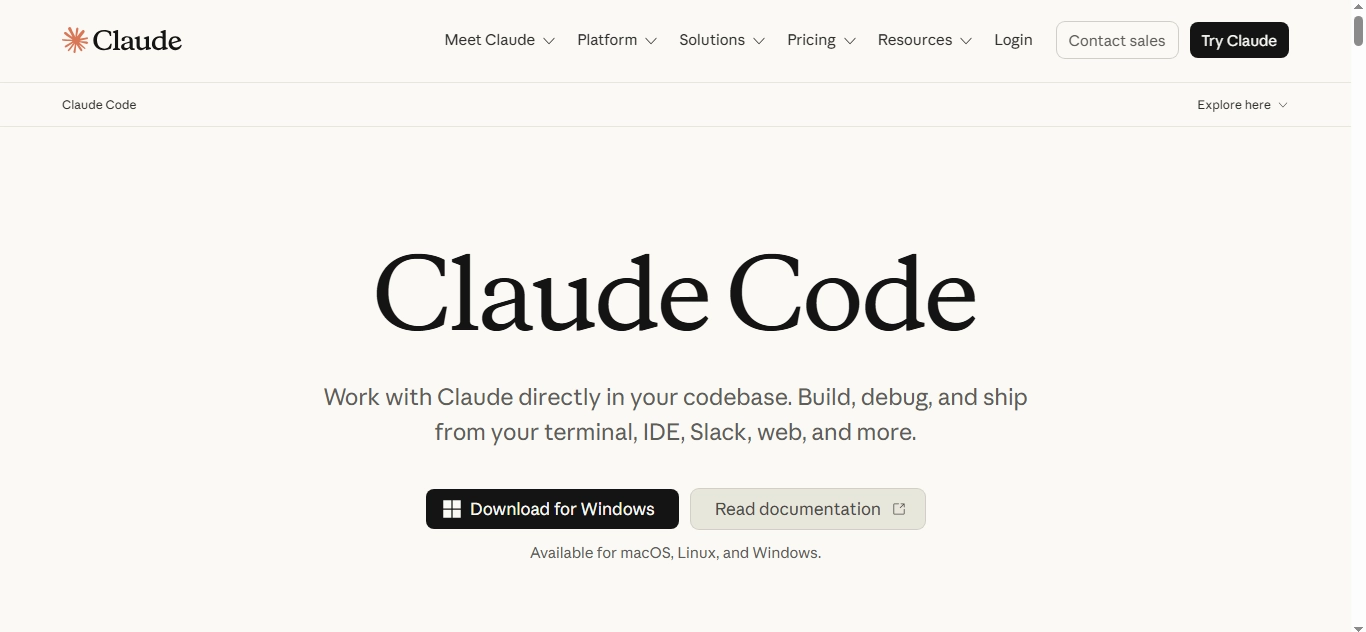 Screenshot of Claude Code's landing page showing it works in your terminal, IDE, Slack, and web