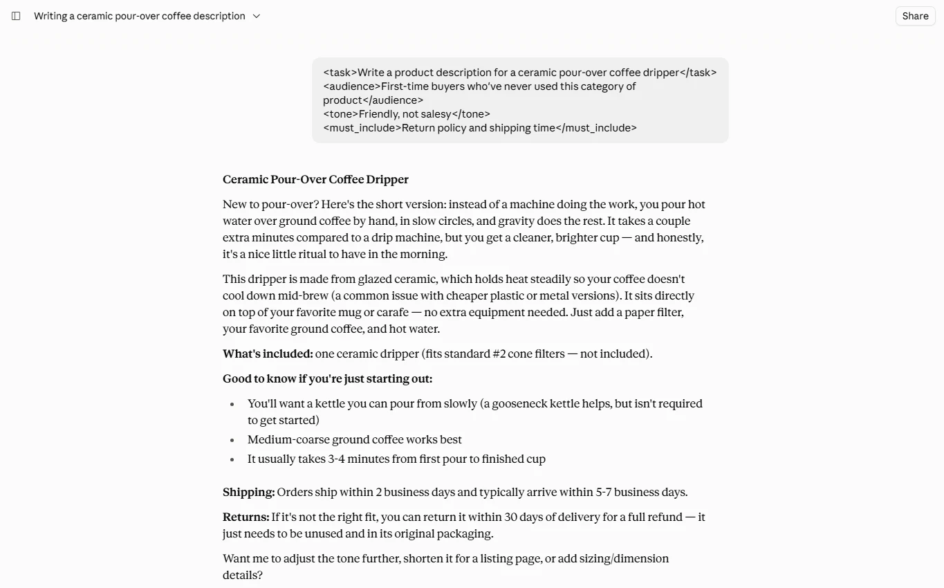 Screenshot of Claude's free plan chat interface used for writing and editing