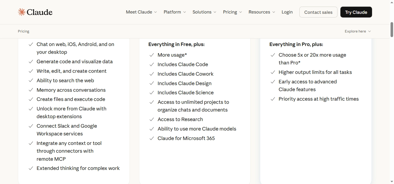 Screenshot of Claude's pricing page comparing Free and Pro plan features side by side