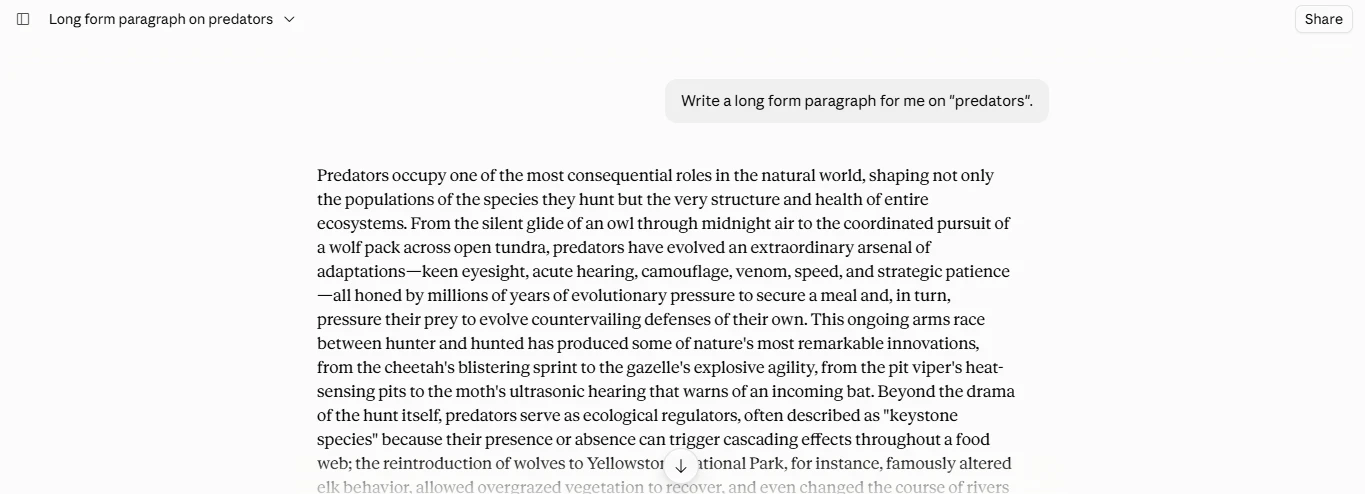 Claude generating a long-form paragraph in response to a writing prompt