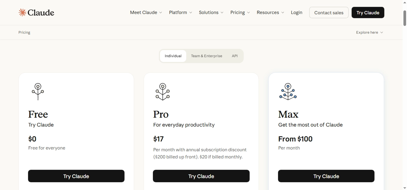 Screenshot of Claude's official pricing page showing Free, Pro, and Max individual plans