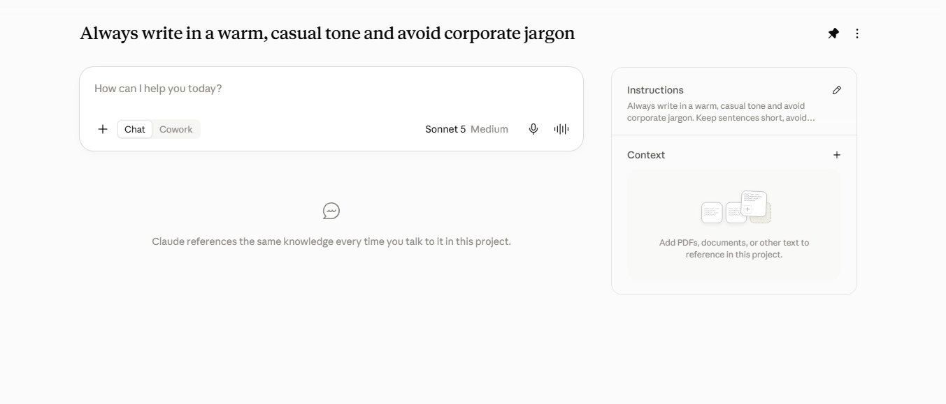 Claude Projects feature showing saved prompts and reusable context for a project