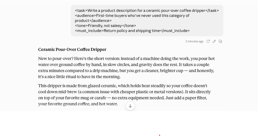 Example of an XML-formatted Claude prompt with task, audience, and tone tags
