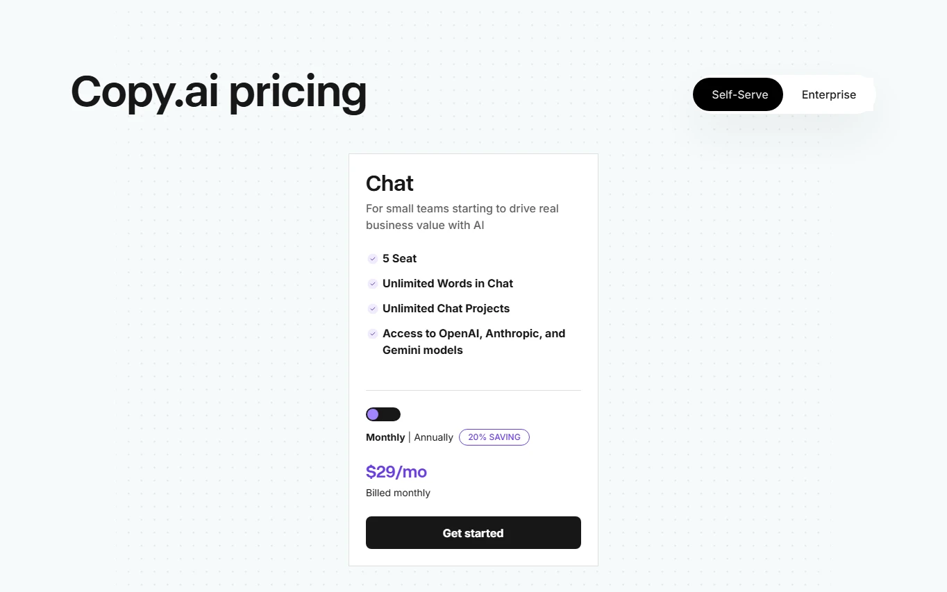 Screenshot of Copy.ai pricing plans and tiers for 2026