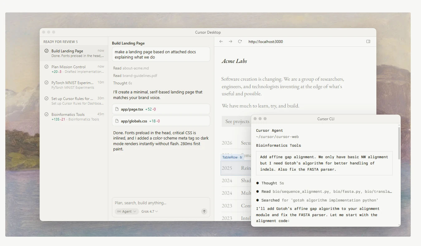Cursor's coding agent interface showing a task list and an AI agent working across project files