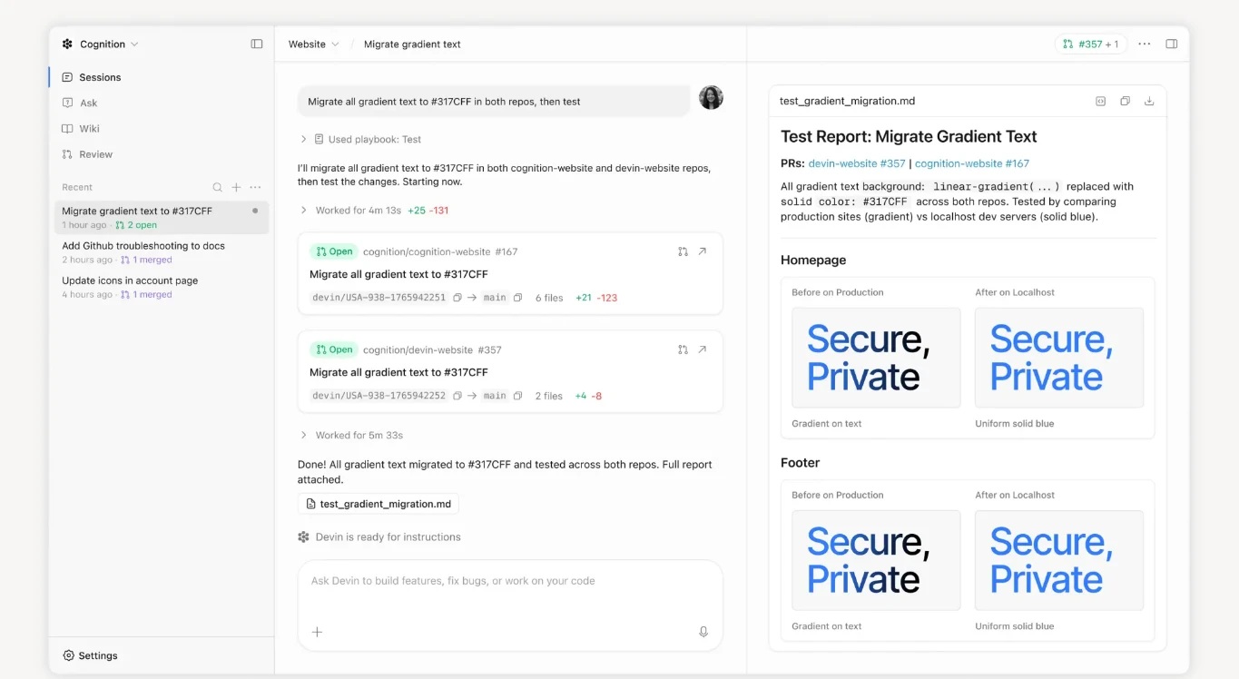 Devin's AI agent session migrating code across two repositories with an automated before/after test report