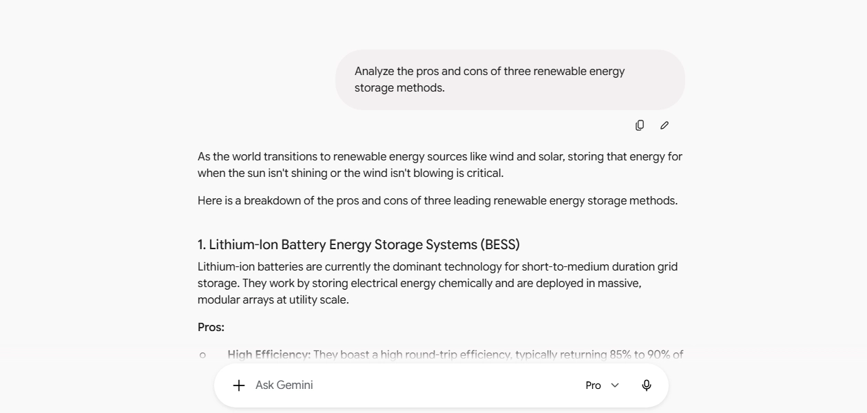 Google Gemini 3.1 Pro analyzing pros and cons of renewable energy storage methods