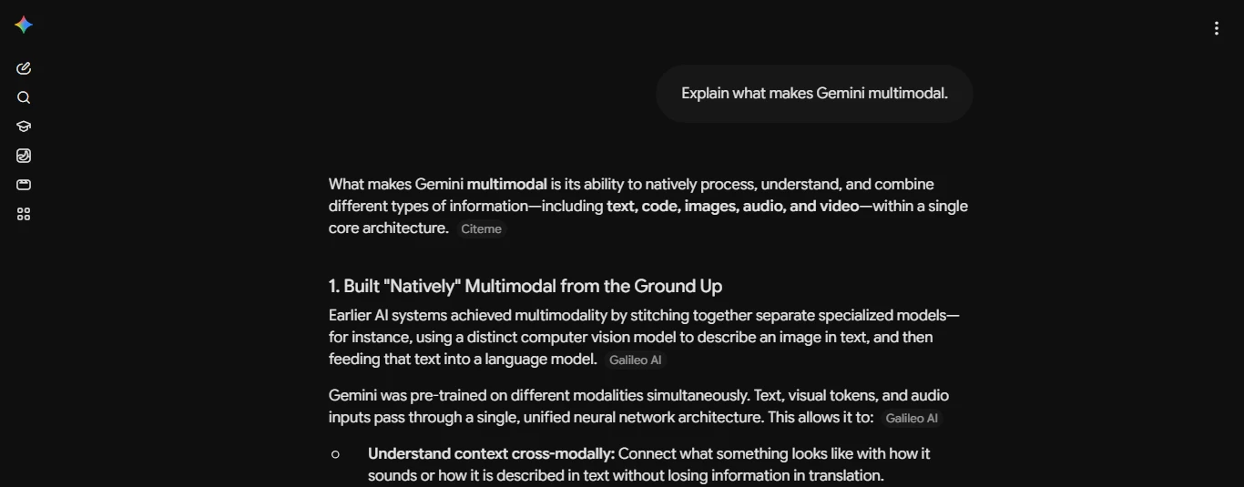 Screenshot of the Gemini AI chat interface answering a question about multimodal AI