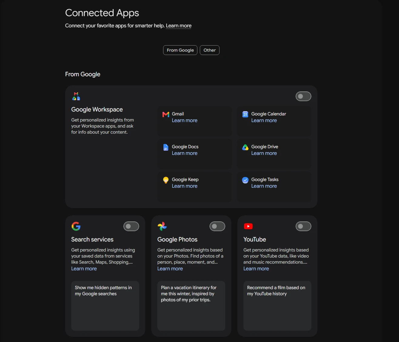 Screenshot showing how to connect Gmail, Calendar, and Drive to Gemini AI