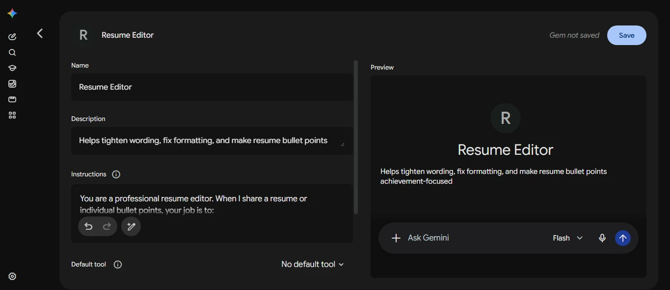 Screenshot of creating a custom Gem in Gemini AI with custom instructions