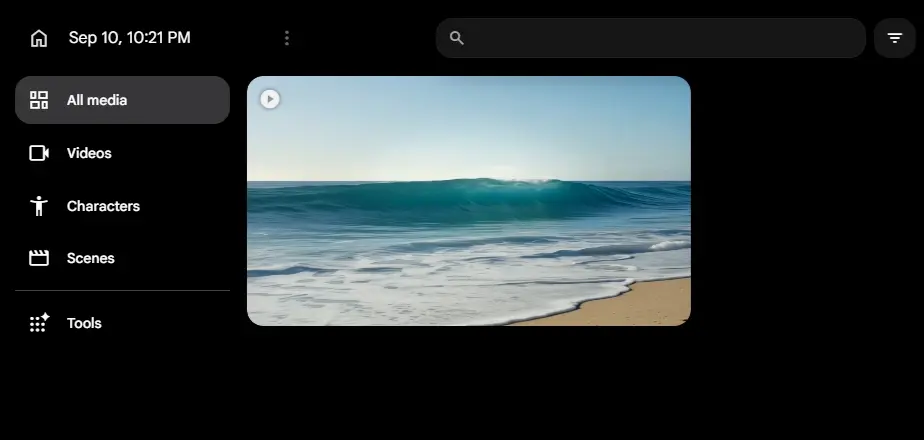Google Flow video generation interface showing an AI-generated ocean wave clip
