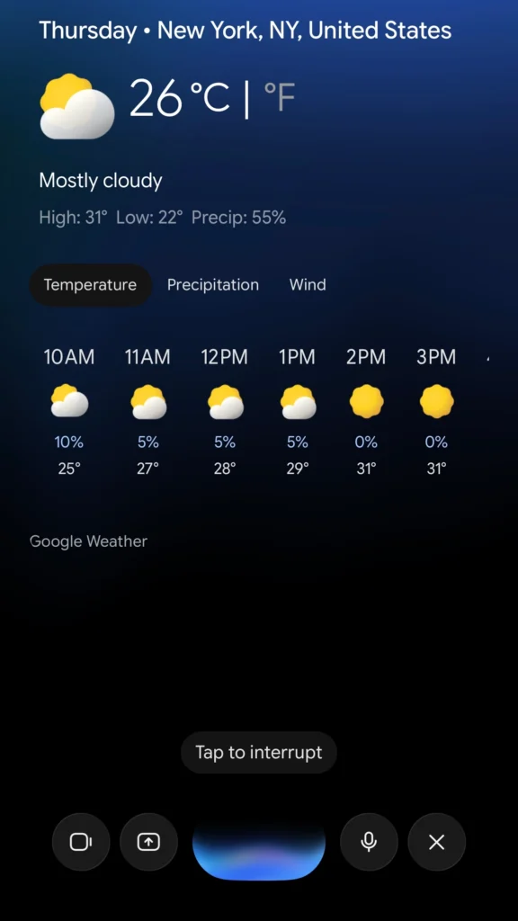 Screenshot of Gemini AI Live voice mode answering a weather question