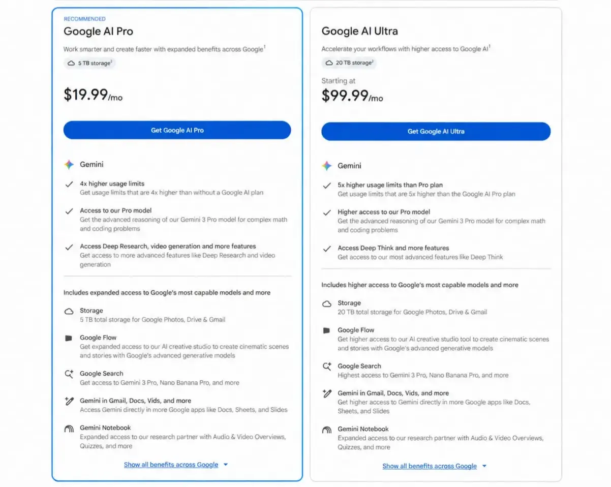 Google Gemini pricing 2026 — AI Pro, and AI Ultra plans