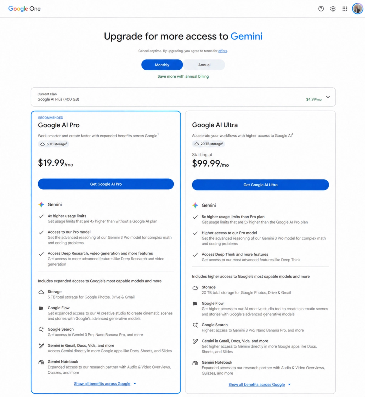 Gemini AI pricing plans comparison showing Plus, Pro, and Ultra tiers