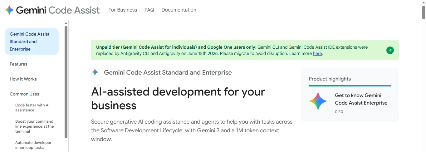 Google's official notice announcing Gemini CLI and Code Assist individual tier migration to Antigravity