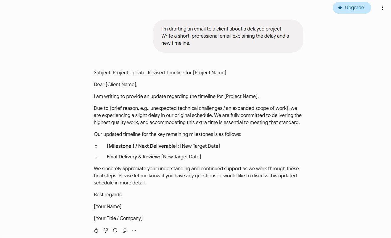 Screenshot of Google Gemini drafting a professional email in the free chat app