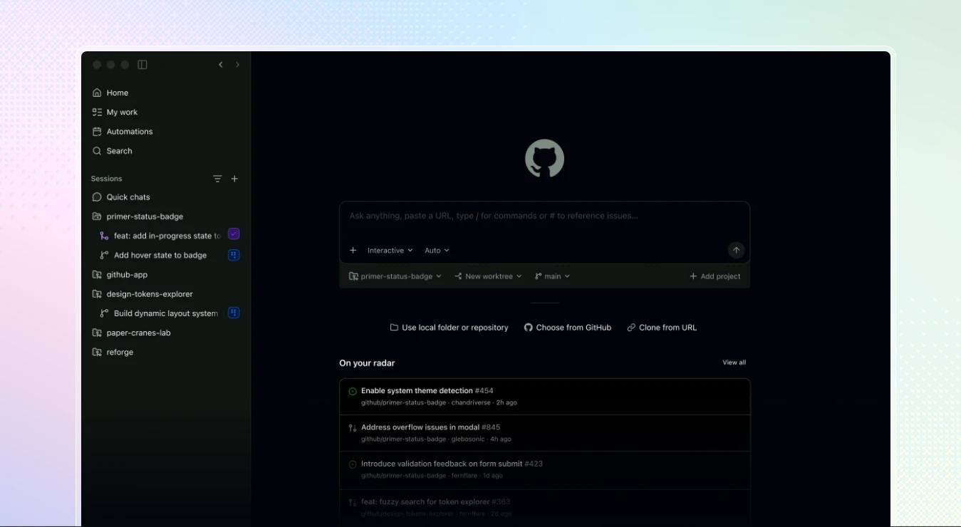 GitHub Copilot's coding agent dashboard showing active sessions, repository selection, and an issue queue