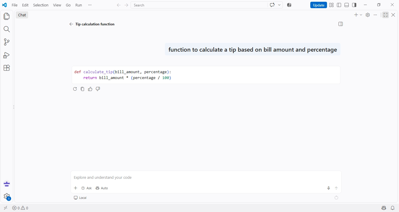 Screenshot of GitHub Copilot Chat generating a tip calculator function on the free plan