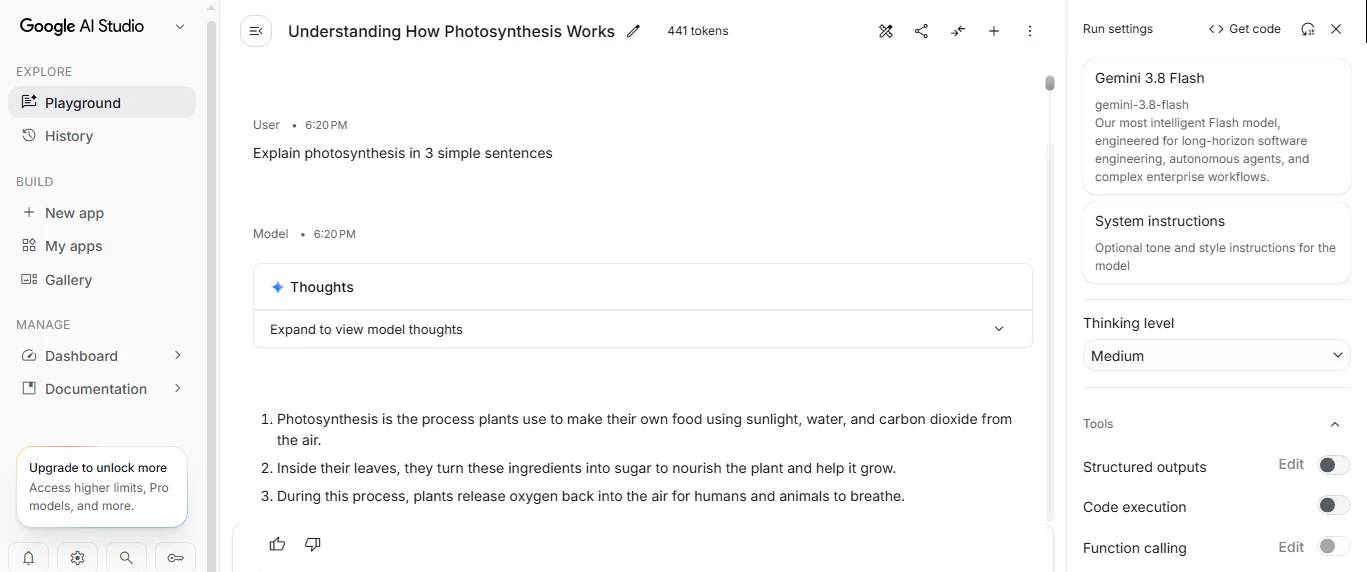 Screenshot of Google AI Studio testing a prompt with Gemini 3.8 Flash on the free plan