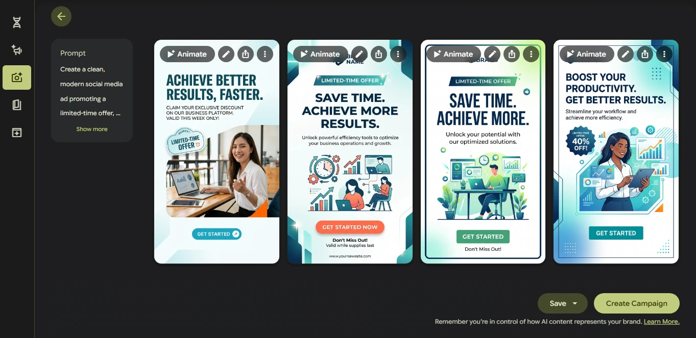 Screenshot of Google Labs Pomelli generating on-brand social media ad variations for free