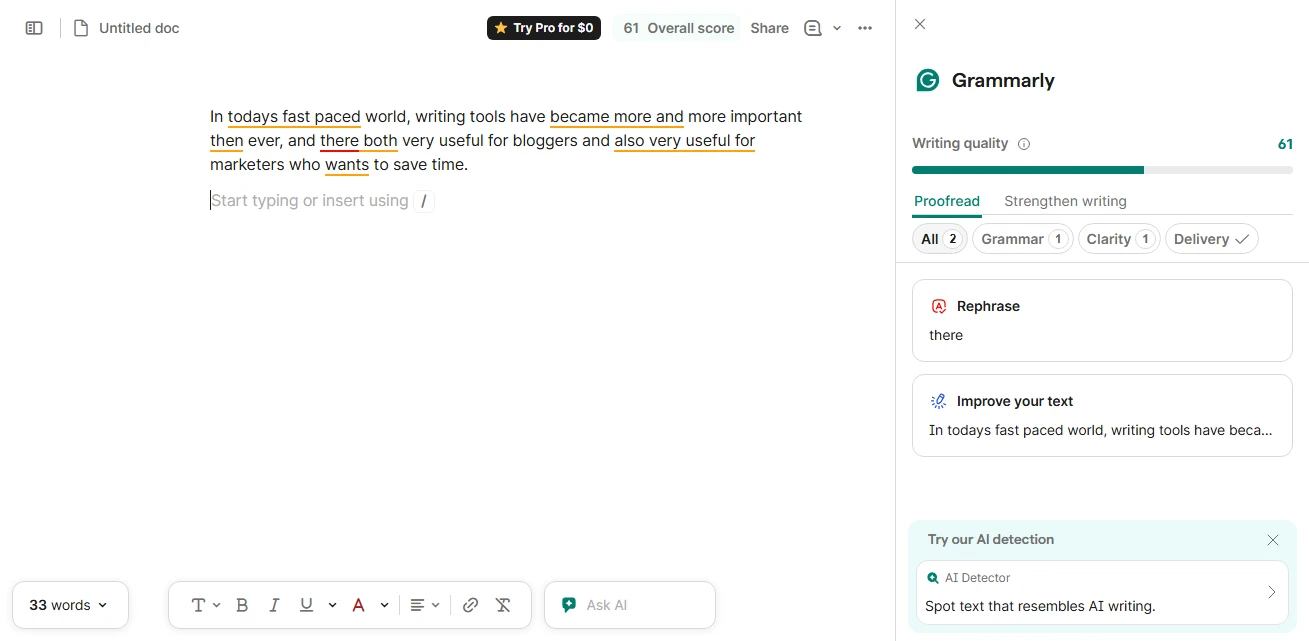 Screenshot of Grammarly's free plan flagging grammar and clarity issues in Google Docs