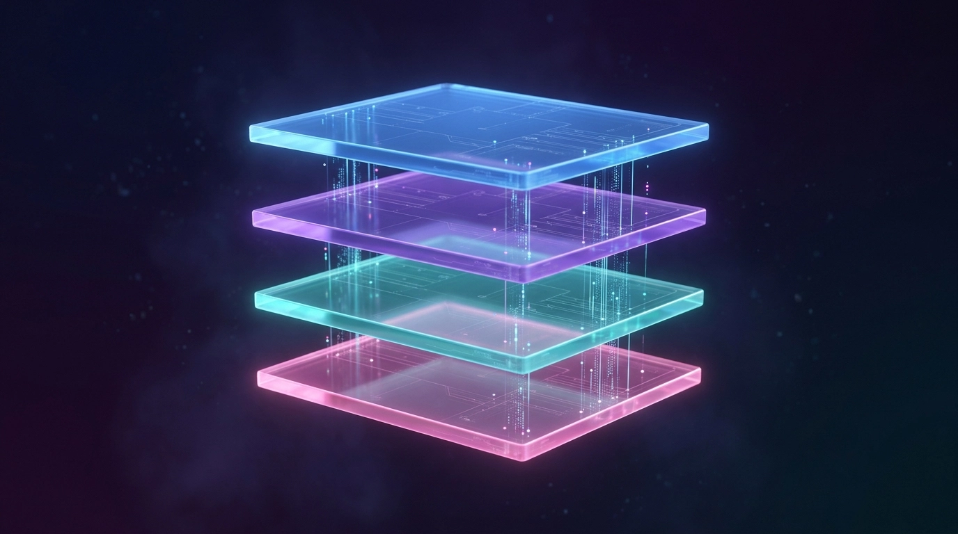 Abstract illustration of the layered structure behind AI coding tools