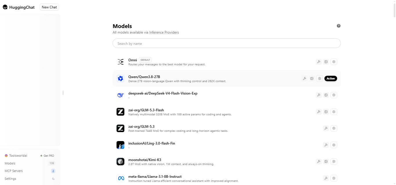 Screenshot of HuggingChat's free model selector showing open-source AI models